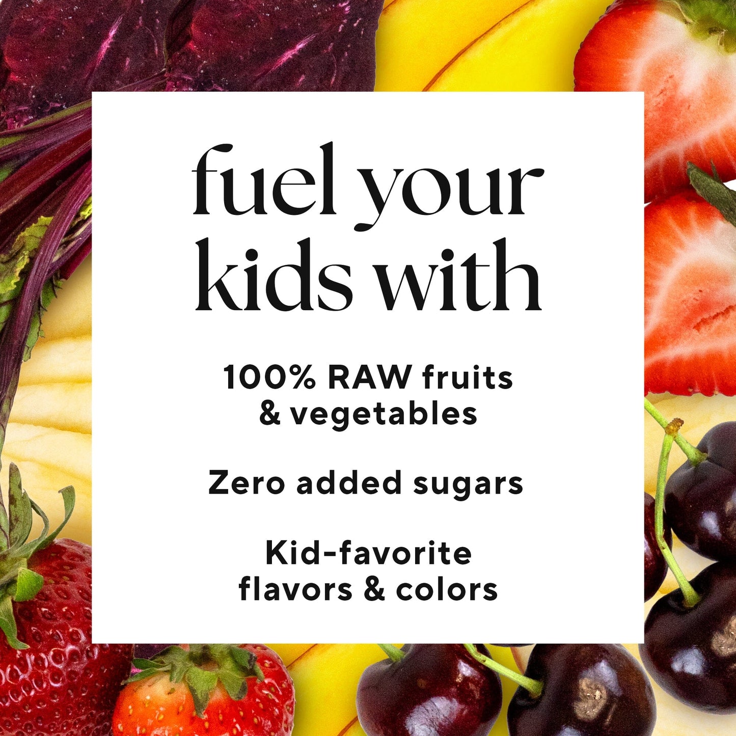 Red Sippers for Kids (2-Count) features fresh fruits, including strawberries and apples, emphasizing pure ingredients with no added sugars for a healthy, kid-friendly drink.