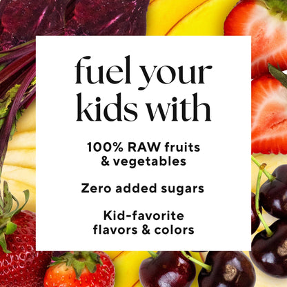Red Sippers for Kids (2-Count) features fresh fruits, including strawberries and apples, emphasizing pure ingredients with no added sugars for a healthy, kid-friendly drink.