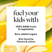 Infographic that reads: "fuel your kids with 100% raw fruits and vegetables , zero added sugars , kid-favorite flavors and colors"
