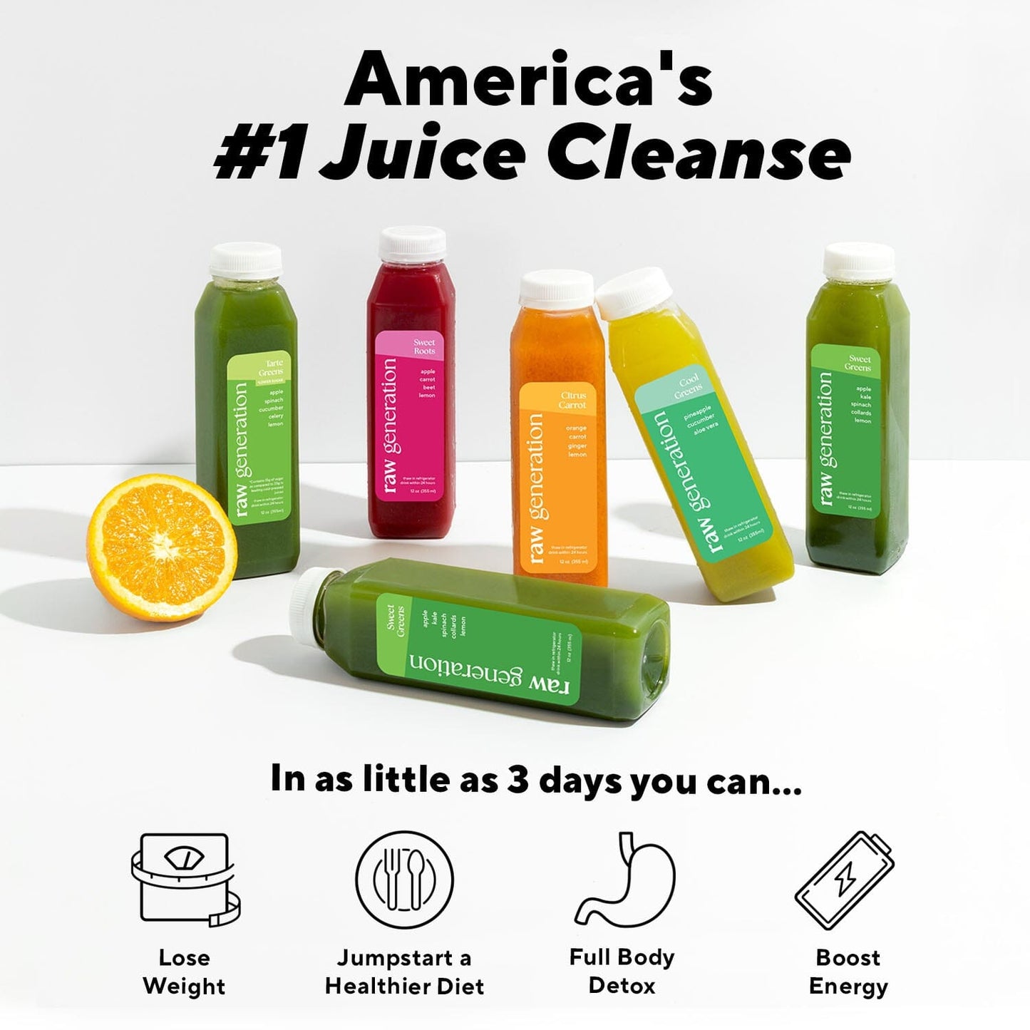 Skinny Cleanse® juice bottles, featuring raw, unpasteurized fruit and vegetable blends, promote health benefits like weight loss and improved digestion.