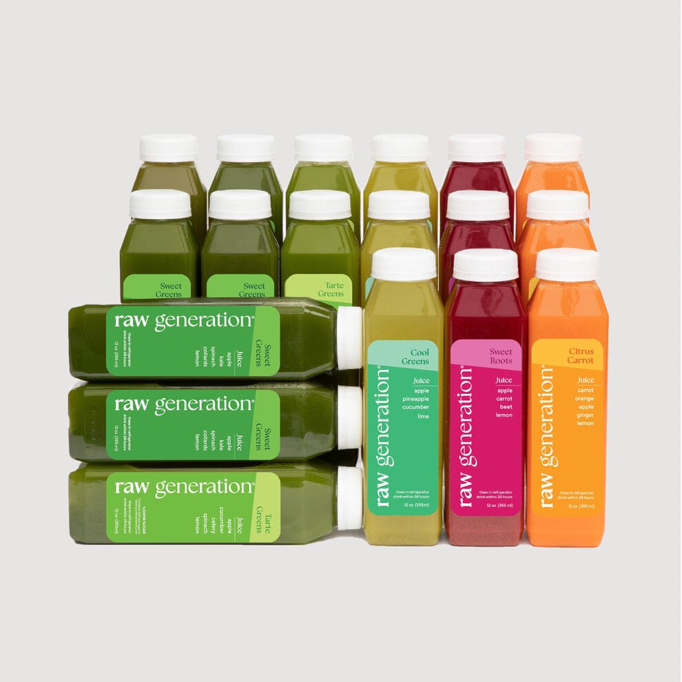 Skinny Cleanse® juice bottles with pink and green labels, promoting benefits like weight loss, energy boost, and improved digestion through raw, nutrient-rich ingredients.