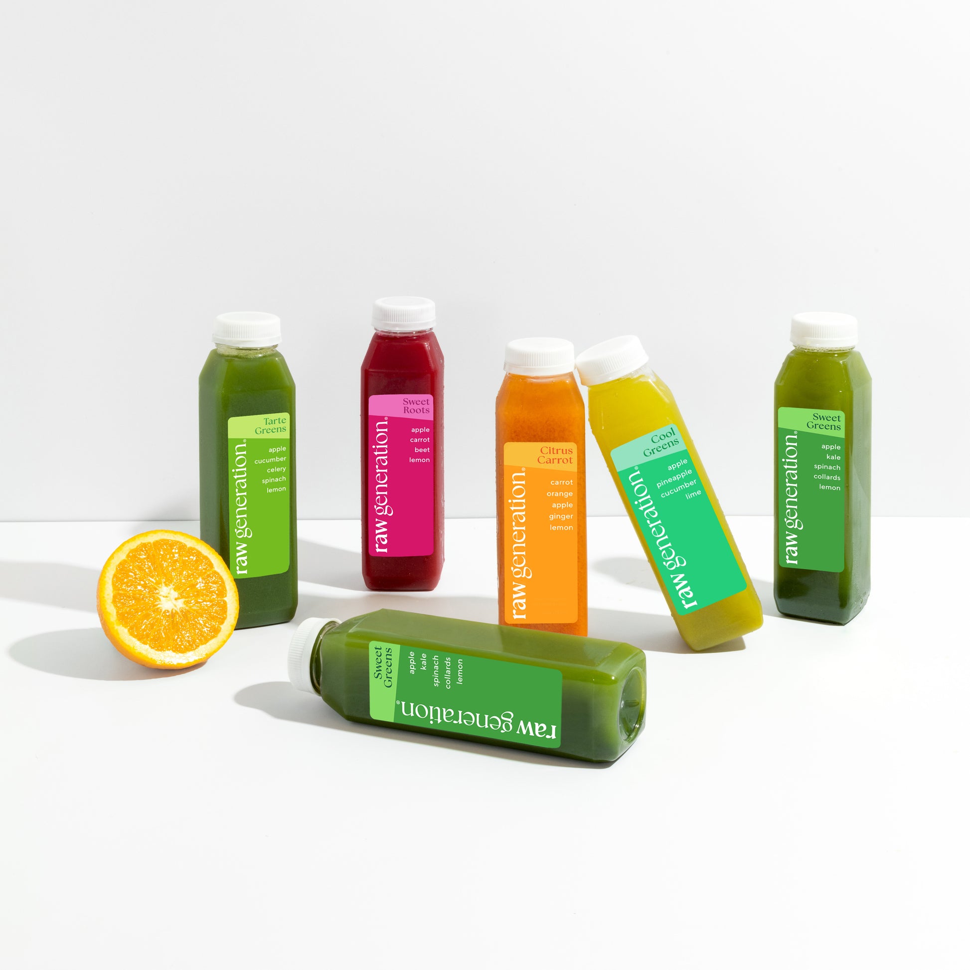 Beauty Box™ features six bottled cold-pressed juices, each labeled with names like “Tarte Greens” and “Sweet Roots,” promoting skin health with daily nourishing antioxidants.