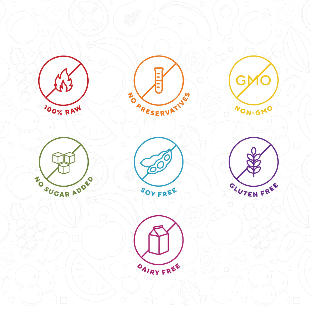 Sippers for Kids icons: no preservatives, bean sign, carton logo, cubes, no fire sign, promoting healthy, additive-free juice for children's nutrition.