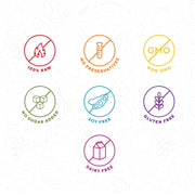 Sippers for Kids icons: no preservatives, bean sign, carton logo, cubes, no fire sign, promoting healthy, additive-free juice for children's nutrition.