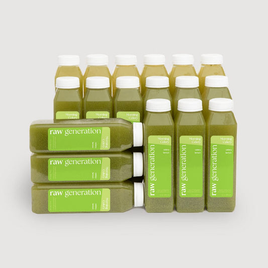 Celery Juice Pack featuring multiple bottles with green labels, promoting benefits like improved gut health, energy boost, and detox support.