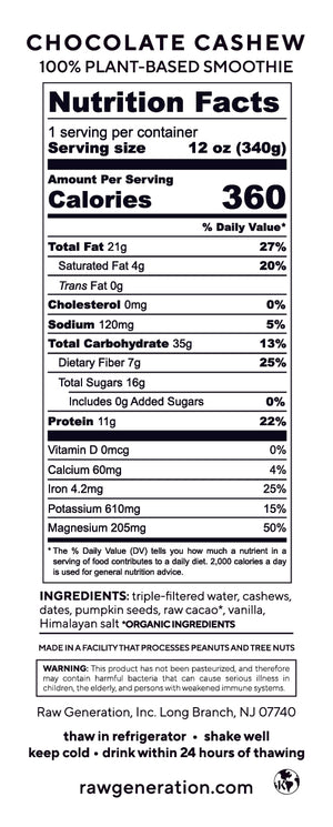 Chocolate Cashew nutrition facts label