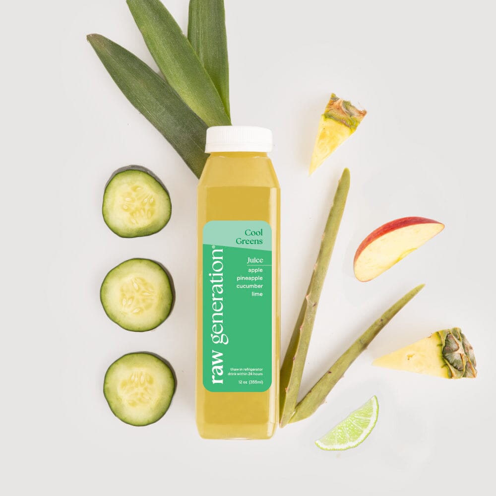 Cool Greens juice bottle with apple, pineapple, cucumber slices, and lime wedge, showcasing aloe vera benefits for wrinkles, healing, and dental health.