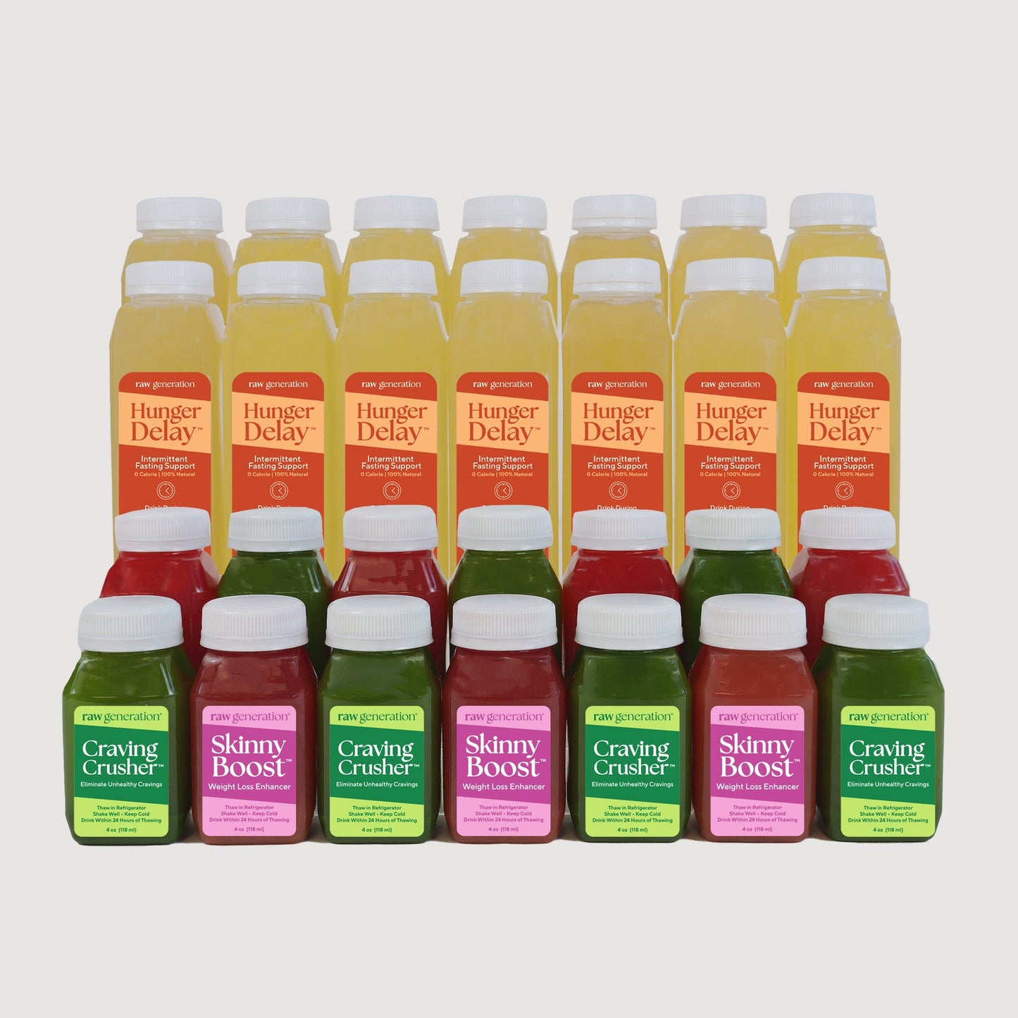 Intermittent Fasting Fuel Pack: Assortment of juice bottles including Craving Crusher™ and Skinny Boost™, designed to enhance fasting success with chlorophyll, hibiscus, and ginger.