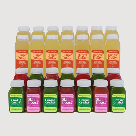 Intermittent Fasting Fuel Pack: Assortment of juice bottles including Craving Crusher™ and Skinny Boost™, designed to enhance fasting success with chlorophyll, hibiscus, and ginger.