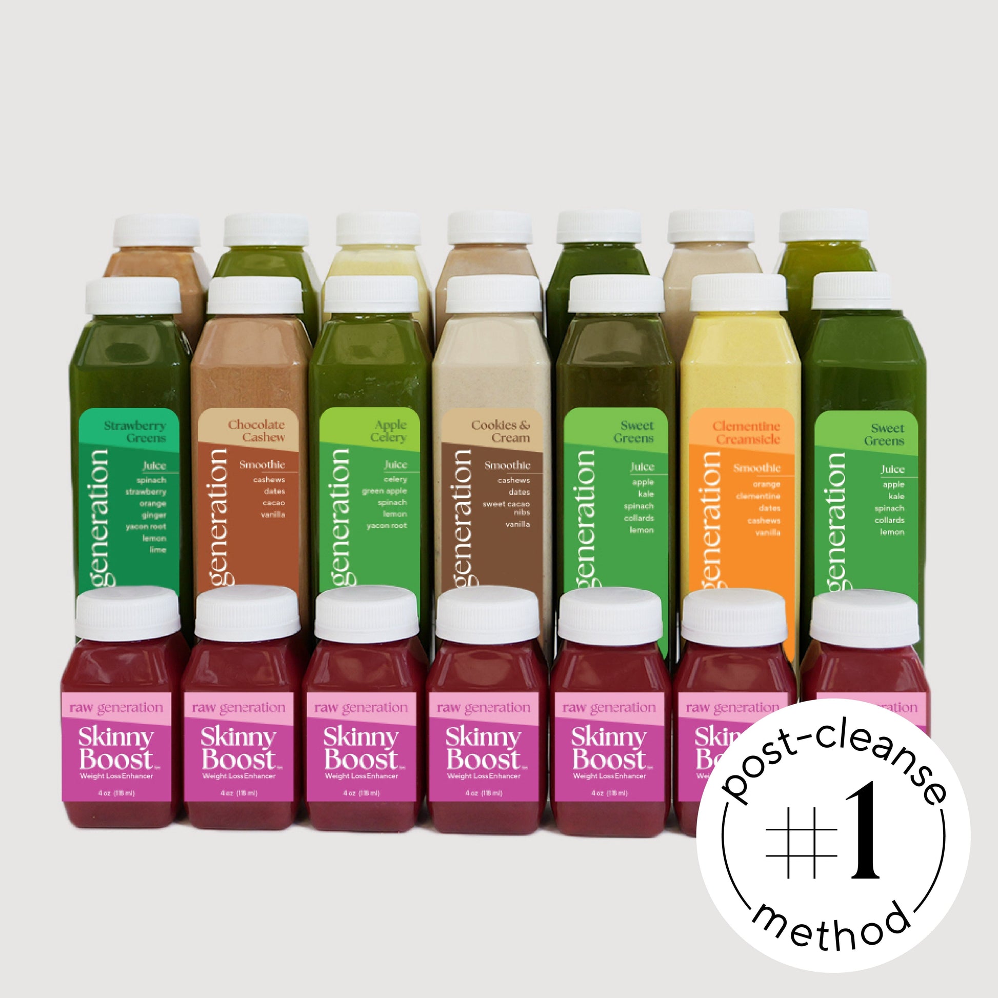 skinny method bottles, green juices, smoothies, and shots with # post cleanse method call out