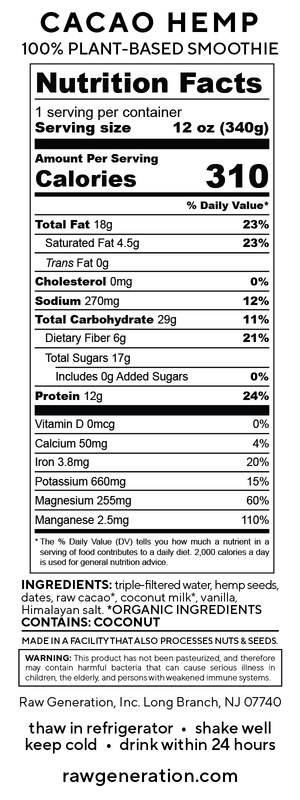 Cacao Hemp nutrition facts label