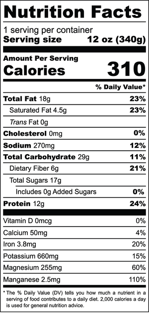 Cacao Hemp nutrition facts label