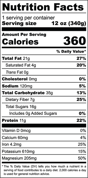 Chocolate Cashew nutrition facts label