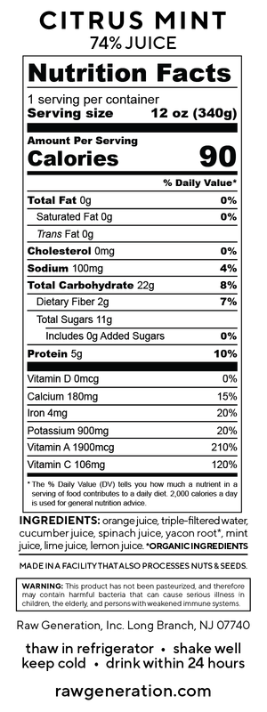 Citrus Mint nutrition facts label