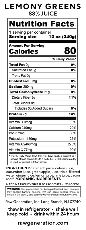 Lemony Greens nutrition facts label