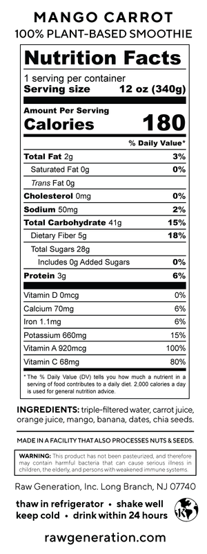 Mango Carrot nutrition facts label