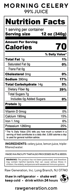 Morning Celery nutrition facts label