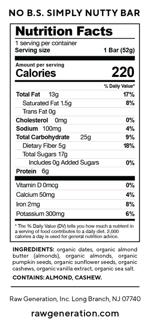 No B.S. Simply Nutty Bar nutrition facts label