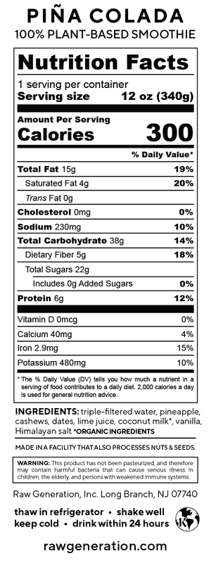Pina Colada nutrition facts label