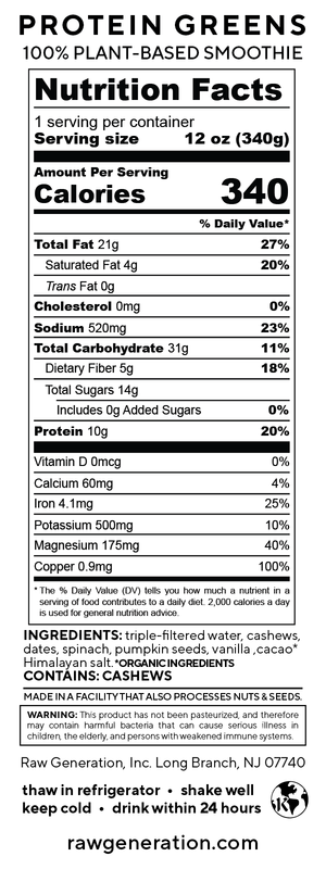 Protein Greens nutrition facts label