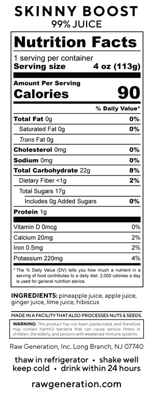 Skinny Boost nutrition facts label