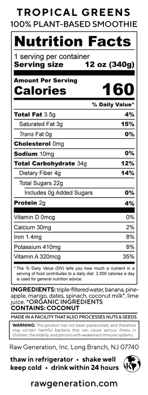 Tropical Greens nutrition facts label