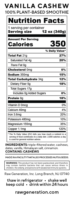 Vanilla Cashew nutrition facts label