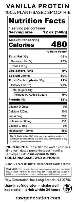 Vanilla Protein nutrition facts label