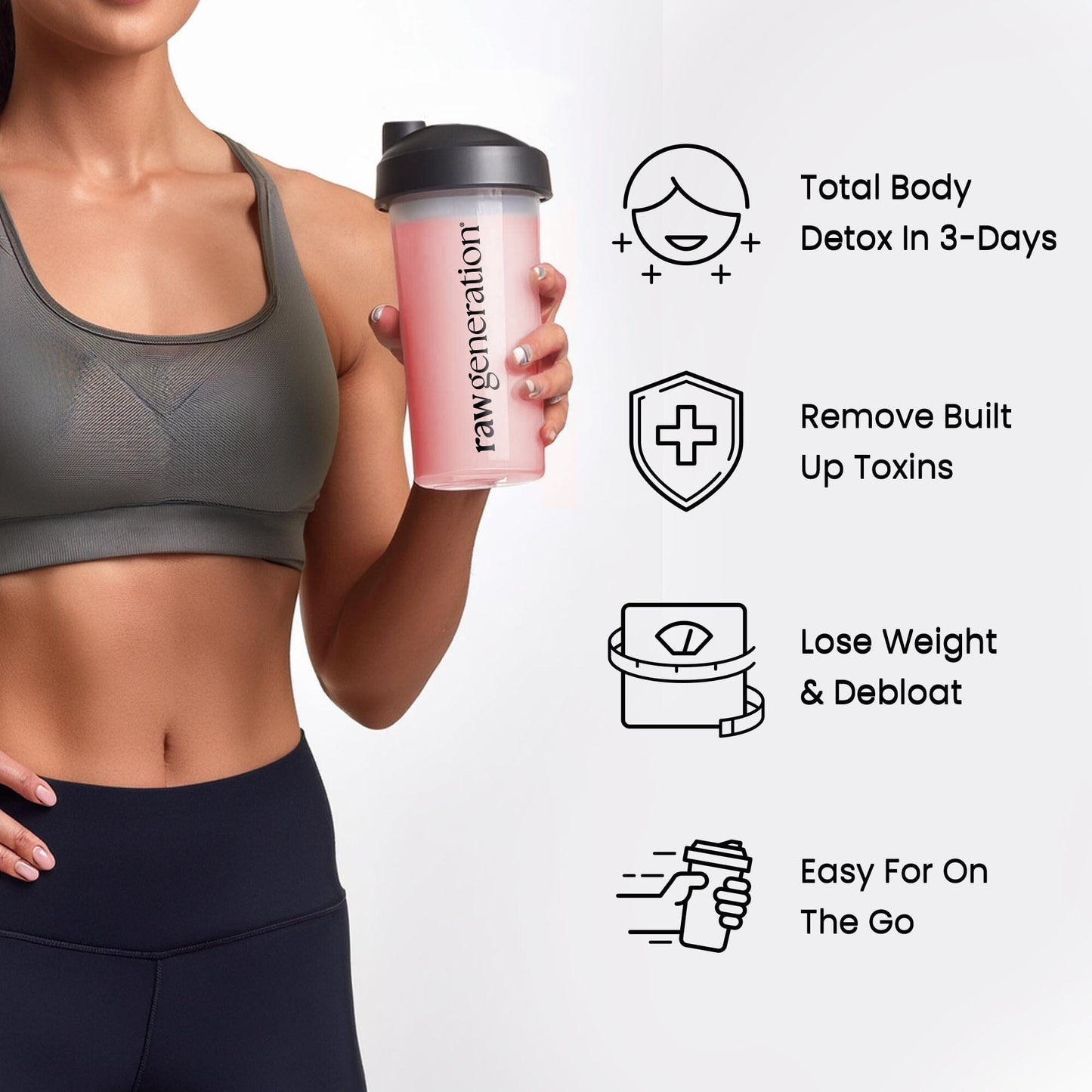 Woman holding a pink shaker, representing the Instant Smoothie Detox Cleanse, designed for whole body detox and weight management with convenient, nutritious servings.