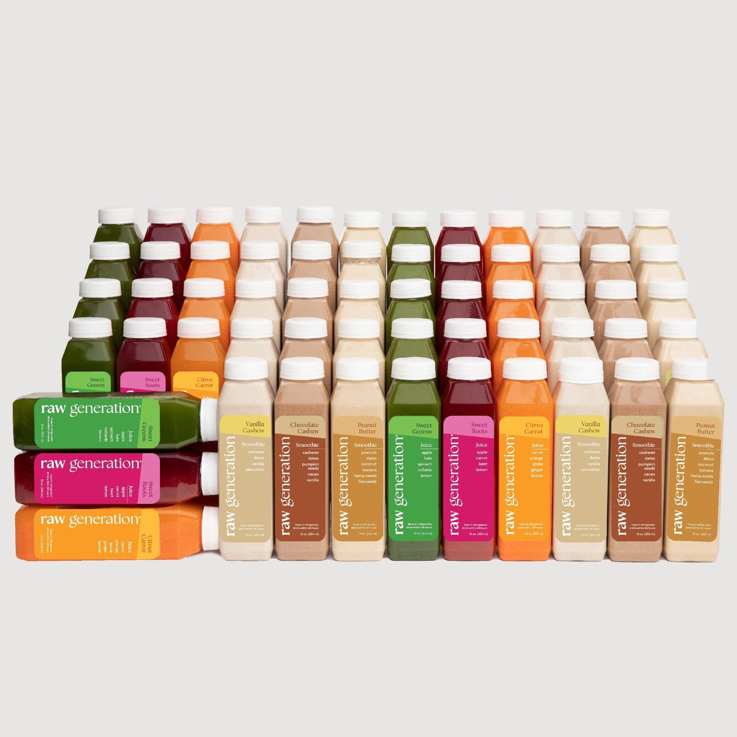 Protein Cleanse bottles displayed together, showcasing the plant-based, high-protein drink designed for weight loss, rich in vitamins, unpasteurized, and free from artificial sweeteners.
