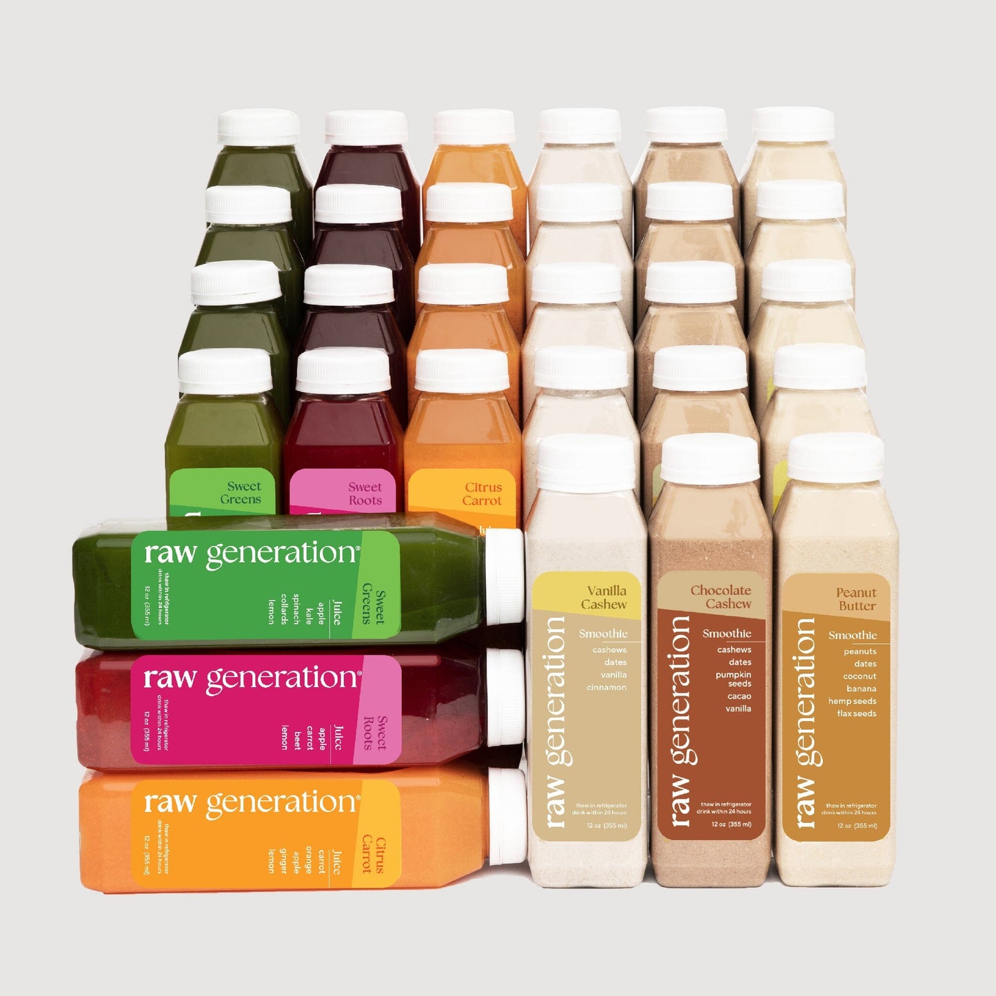 Protein Cleanse bottles showcasing diverse flavors, promoting weight loss with 38g plant-based protein, vitamins, and minerals, unpasteurized, non-GMO, soy-free, gluten-free, and dairy-free.