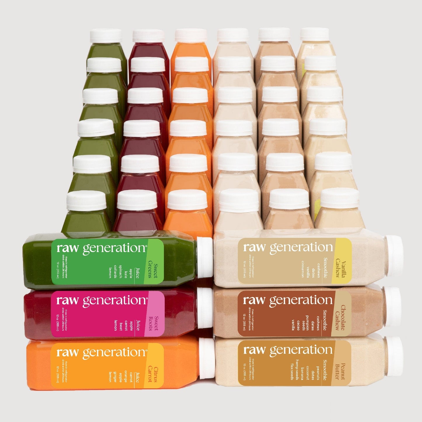 Protein Cleanse bottles with white caps, featuring green labels, promoting 38g plant-based protein for weight loss, rich in vitamins, minerals, and natural fruit sugars.