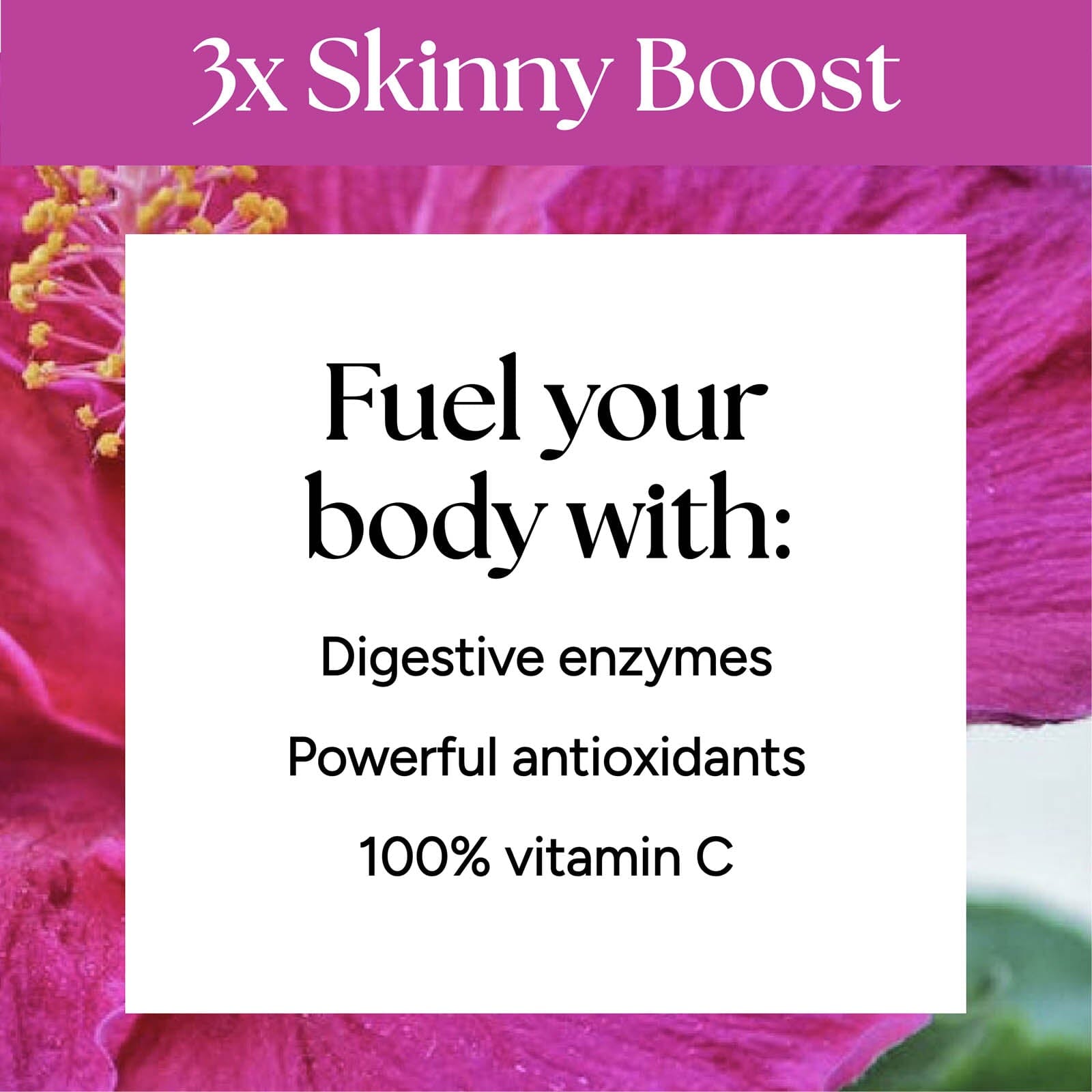 Functional Shots - 12-Pack with a pink flower and black and white logo, symbolizing natural ingredients for digestion, workouts, cravings, and sleep enhancement.