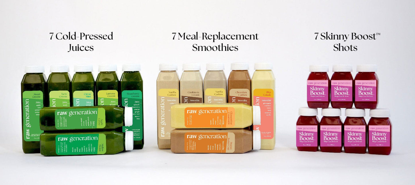 7 cold pressed juices, 7 meal replacement smoothies, 7 skinny boost shots