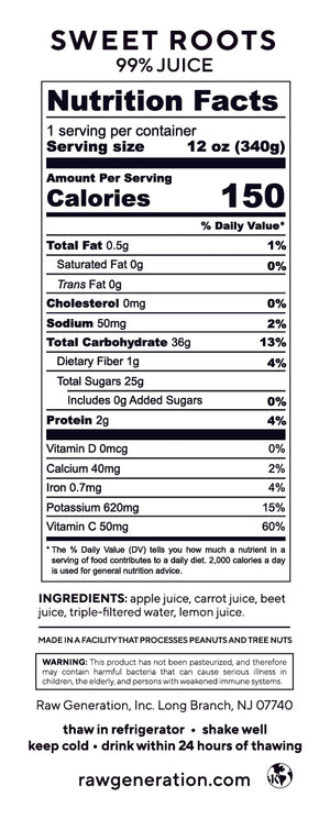 Sweet Roots nutrition facts label