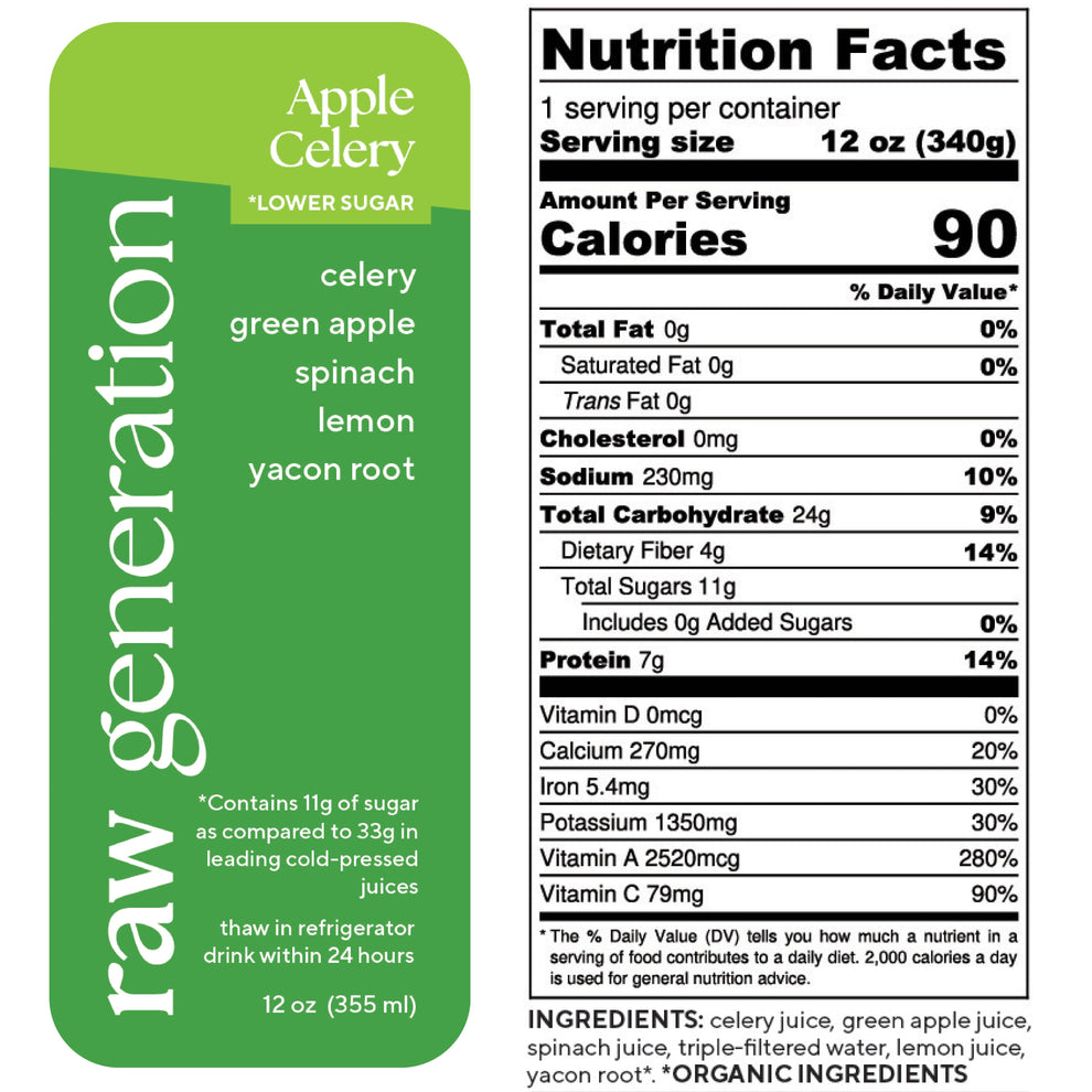Nutrition Facts, 1 serving/container, Serving size 12 oz (340g), Calories 90, Total Fat 0g, Saturated Fat 0g, Trans Fat 0g, Cholesterol 0mg, Sodium 230mg, Total Carbohydrate 24g, Dietary Fiber 4g, Total Sugars 11g, Added Sugars 0g, Protein 7g, Vitamin D 0mcg, Calcium 270mg, Iron 5.4mg, Potassium 1350mg, Vitamin A 2520mcg, Vitamin C 79mg; Ingredients used: celery juice, green apple juice, spinach juice, triple-filtered water, lemon juice, organic yacon root.