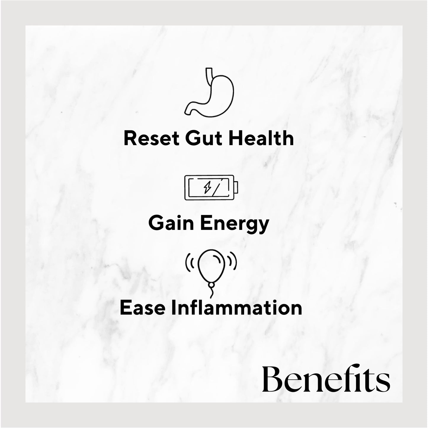 Infographic listing benefits of the product. Benefits include: Reset Gut Health, Gain Energy, and Ease Inflammation.