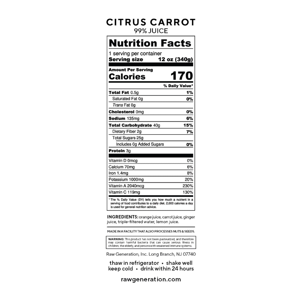 Almost-Perfect Citrus Carrot juice label, showcasing nutrition facts for a discounted 18-pack. Promotes high Vitamin C content with a slightly bitter aftertaste.