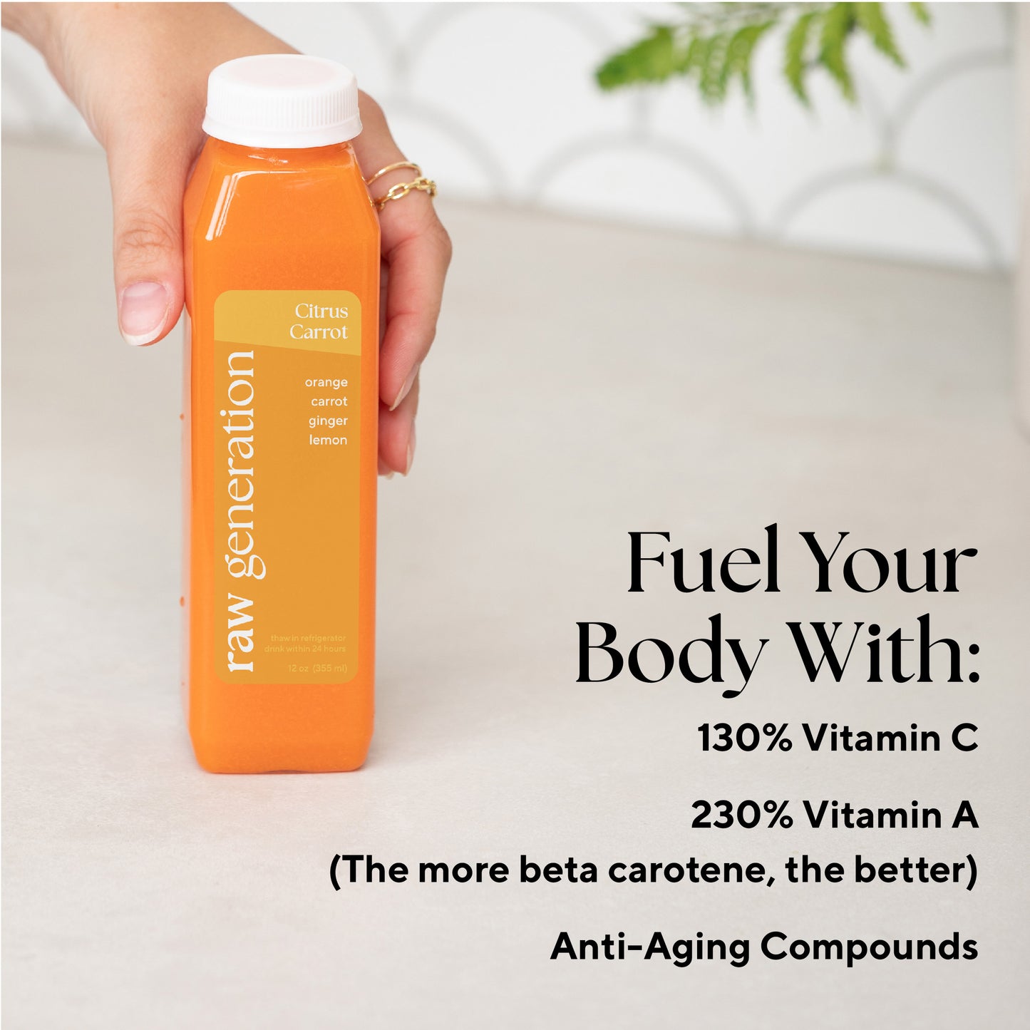 Hand holding an Almost-Perfect Citrus Carrot juice bottle with white cap, part of an 18-pack, offering nutrient-dense juice with a slightly bitter aftertaste.