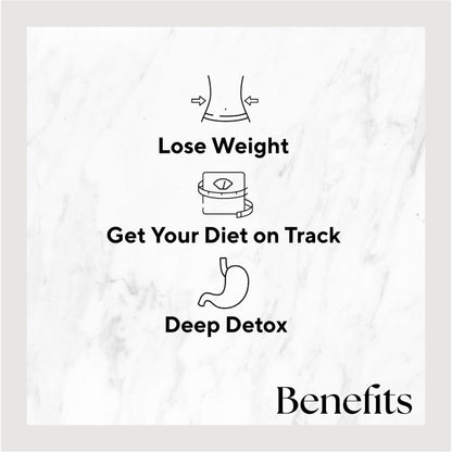 Infographic listing benefits of the product. Benefits include: Lose Weight, Get Your Diet on Track, and Deep Detox.
