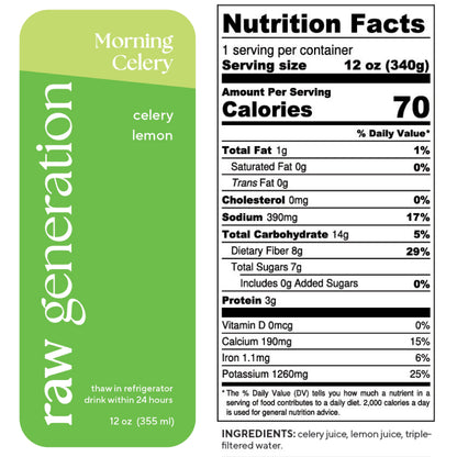 Morning Celery Juice nutrition label featuring ingredients celery and lemon, accompanied by a green and white logo, emphasizing the health benefits of daily consumption.
