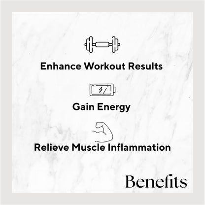 Infographic listing benefits of the product. Benefits include: Enhance Workout Results, Gain Energy, and Relieve Muscle Inflammation.