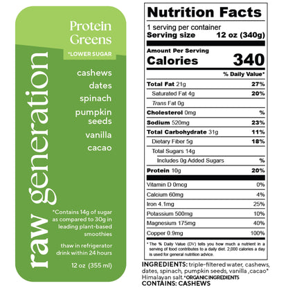 Nutrition Facts for a 12 oz (340g) serving, 1 serving/container: Calories 340, Total Fat 21g, Saturated Fat 4g, Trans Fat 0g, Cholesterol 0mg, Sodium 520mg, Total Carbohydrate 31g, Dietary Fiber 5g, Total Sugars 14g, Added Sugars 0g, Protein 10g; Vitamin D 0mcg, Calcium 60mg, Iron 4.1mg, Potassium 500mg, Magnesium 175mg, Copper 0.9mg. Ingredients used: triple-filtered water, cashews, dates, spinach, pumpkin seeds, vanilla extract, organic cacao*, and Himalayan salt. WARNING: CONTAINS CASHEWS.