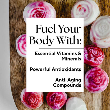 Infographic that reads: "Fuel your body with: Essential Vitamins & Minerals, Powerful Antioxidants, and Anti-Aging Compounds"