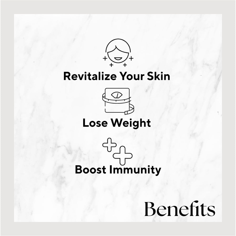 Infographic listing benefits of the product. Benefits include: Revitalize Your Skin, Lose Weight, and Boost Immunity