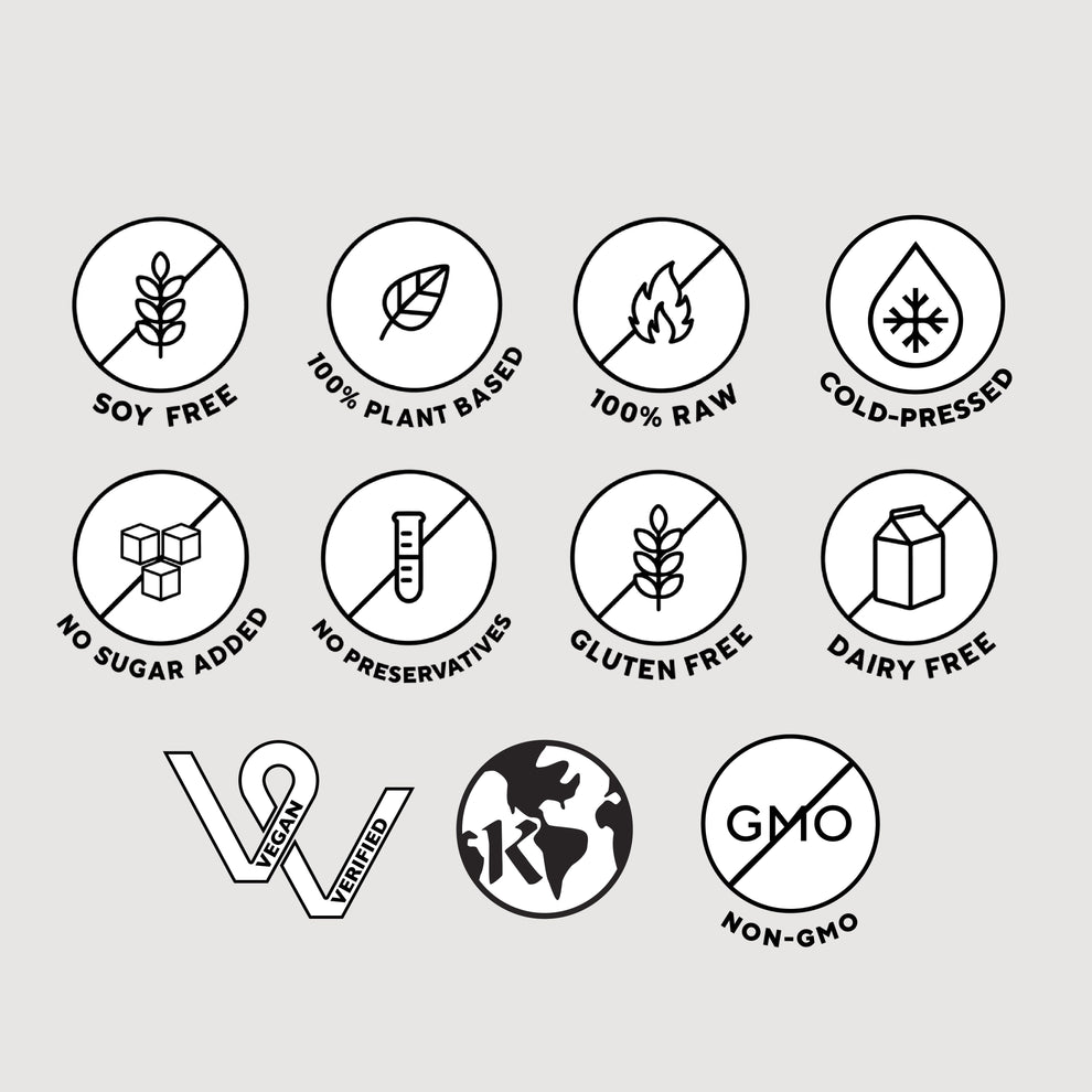 Infographic highlighting the features of the juice: Soy free, 100% Plant based, 100% Raw, Non-GMO, Cold-Pressed, No sugar added, No Preservatives, Gluten Free, Dairy free.