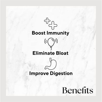 Infographic listing benefits of the product. Benefits include: Boost Immunity, Eliminate Bloat, and Improve Digestion.