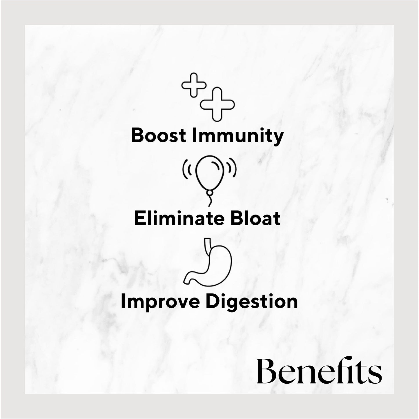 Cool Greens product image featuring black text on a white marble background, highlighting benefits like faster healing and healthier teeth with aloe vera and fresh ingredients.