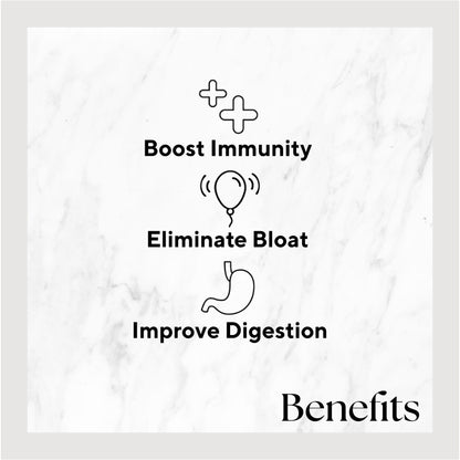 Cool Greens product image featuring black text on a white marble background, highlighting benefits like faster healing and healthier teeth with aloe vera and fresh ingredients.