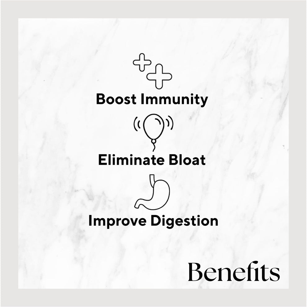 Cool Greens product image featuring black text on a white marble background, highlighting benefits like faster healing and healthier teeth with aloe vera and fresh ingredients.